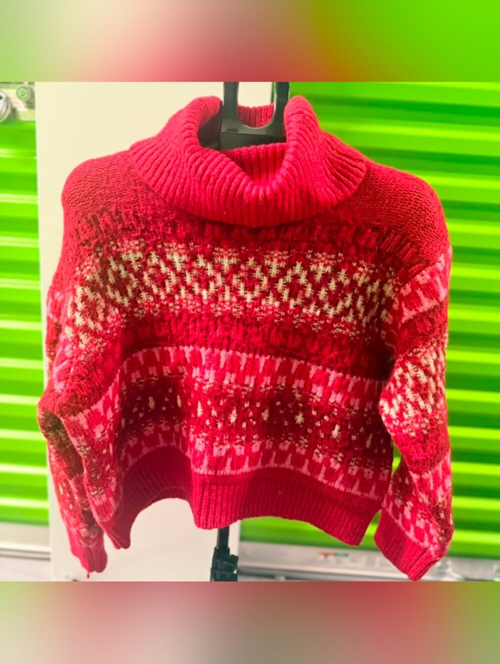 Red Patterned Turtleneck Sweater - Women